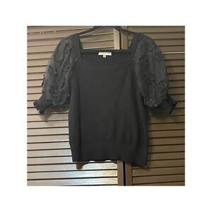 Sioni Milano Black Knit Top with Floral Sheer Sleeves
